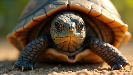 Naklejka premium Close-up of a tortoise crawling on the ground with a detailed shell and vibrant eyes 