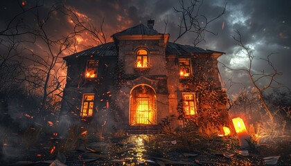 Fototapeta premium Burning House Amidst Forest Under a Dramatic Sky