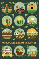 Naklejka premium Farming and Agriculture Icon Set Showing Various Aspects of Rural Life