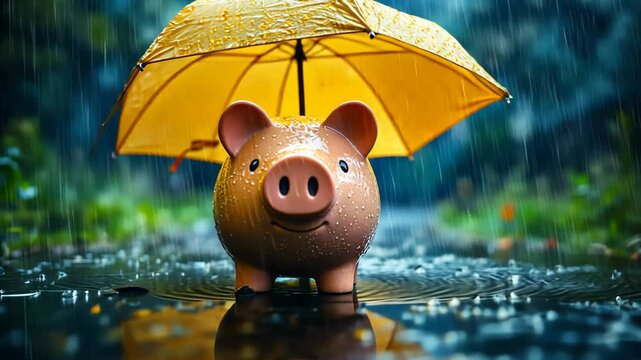 the piggy bank stands under a yellow umbrella during the rain