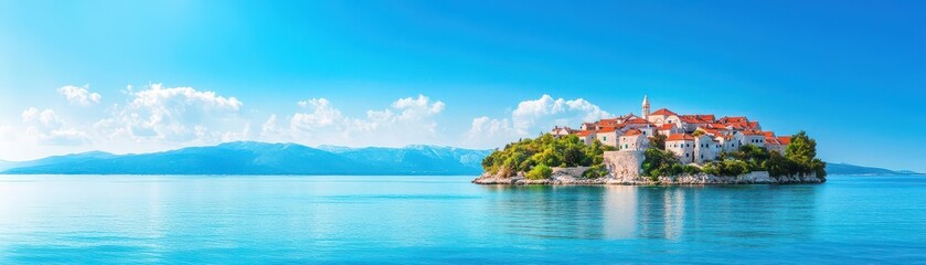 Obraz premium Approaching by boat, a view of the picturesque village of Sipanska Luka on Sipan, one of the Elaphiti Islands on the Dalmatian Coast of Croatia