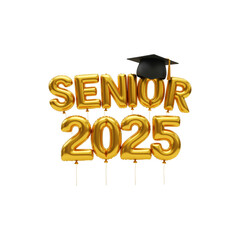 Senior 2025 3D inscription from inflatable golden balloons with graduation cap isolated on transparent background png. Graduation
