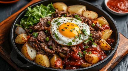 Fototapeta premium A skillet dish with steak, potatoes, egg, and greens served on a wooden board with sauce on the side