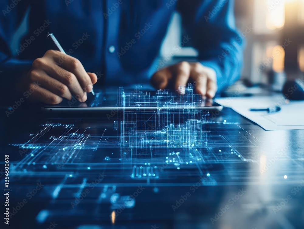 Poster Architect using digital tablet for building information modeling