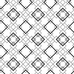 Abstract geometric pattern with squares, crosses, stripes, lines. Seamless vector background. White and black ornament. Modern reticulated graphic design.