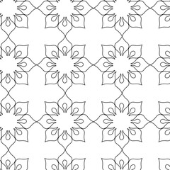 Abstract geometric pattern with squares, crosses, stripes, lines. Seamless vector background. White and black ornament. Modern reticulated graphic design.