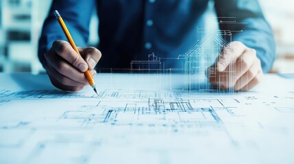 Architecture Man drawing on architectural Creative project business architecture building construction Industrial engineering Achievement Planning Design on eco blueprint