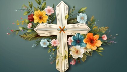 Obraz premium Isolated wooden cross adorned with spring flowers
