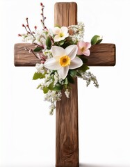 Isolated wooden cross adorned with spring flowers