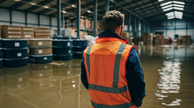 Engineer in safety vest assesses flooded factory, industrial accident, water damage in warehouse