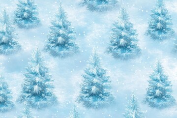 Seamless winter wonderland with snow-covered evergreen trees on light blue background
