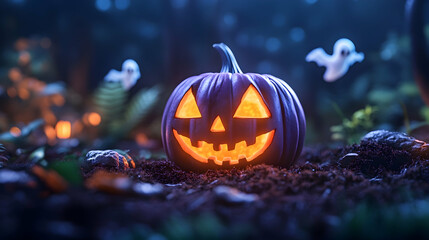 Naklejka premium Glowing Jack-o'-lantern in dark forest Halloween scene