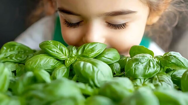Child smelling fresh basil.