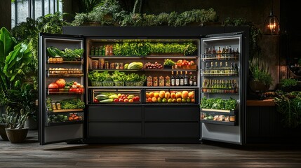 Stylish, modern, and spacious, walk-in refrigerator filled with fresh produce and groceries