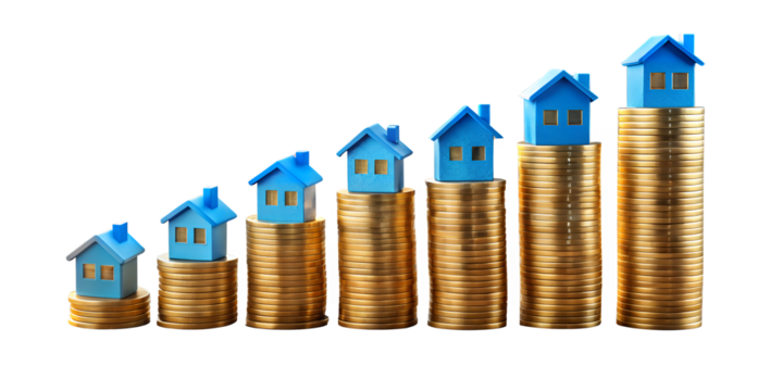 Real Estate Growth: Rising house model on stacks of golden coins signifying the increasing value of real estate investment, finance, and wealth accumulation