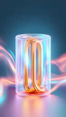 Gold rings in glass cylinder, glowing background