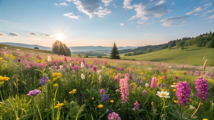 Fototapeta premium Serene Winding Road Through Lush Green Rolling Hills Under a Bright Sky