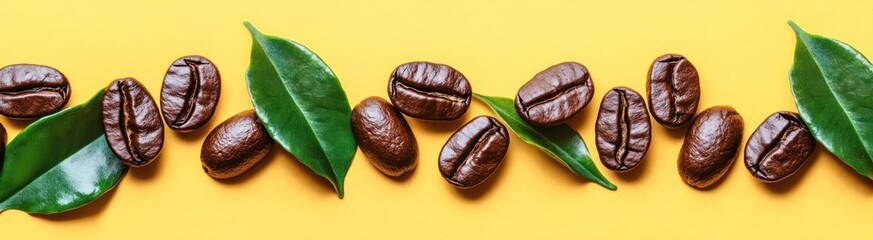 Coffee beans and leaves on yellow background.