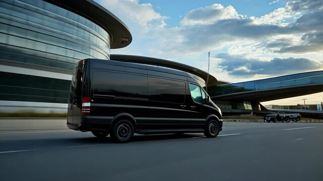 Side back view of black VIP service van running on airport taxiway to terminal building. Limo business class taxi service at airfield. Transfer for security intelligence agency on holiday trip