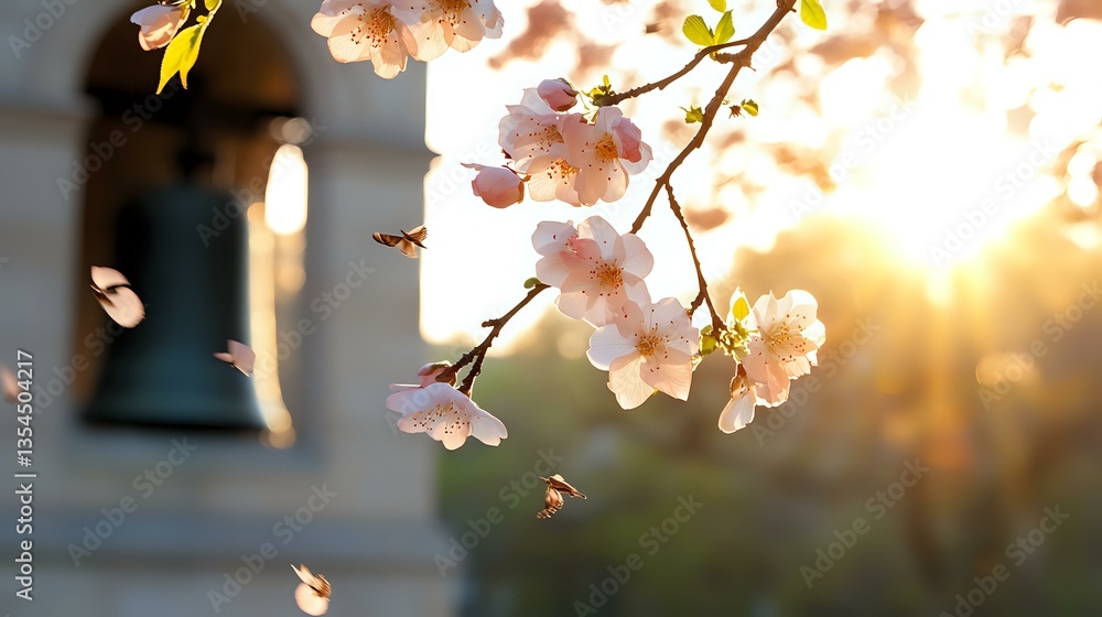 Poster delicate cherry blossoms backlit by golden sunset light, with soft bokeh effect and blurred architec
