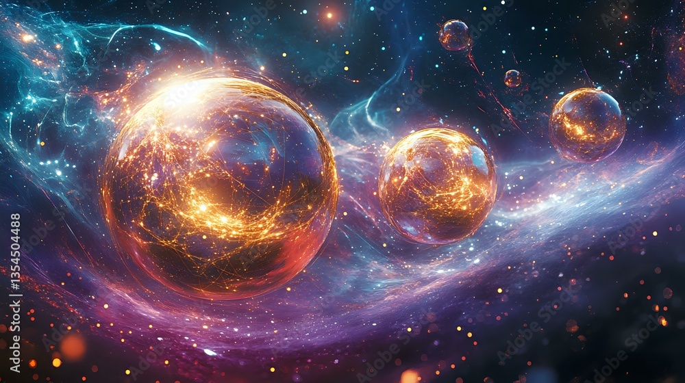 Poster glowing spherical planets float in cosmic space amid colorful nebulas and stars, creating mystical c
