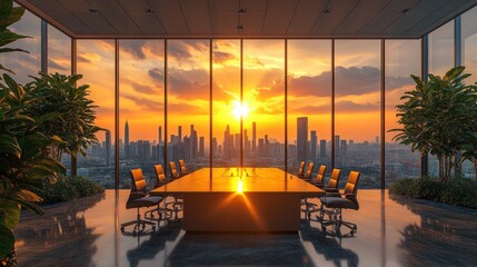 Fototapeta premium Stunning Sunset View from Modern Conference Room