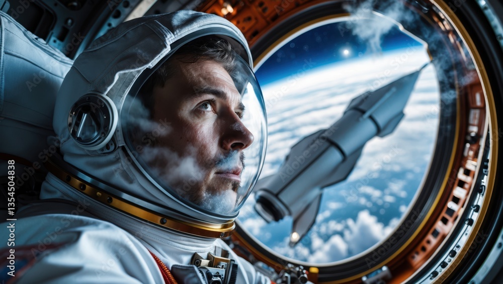 Poster astronaut gazing out at earth from a spacecraft window, illuminated by soft lights in the cabin, wit