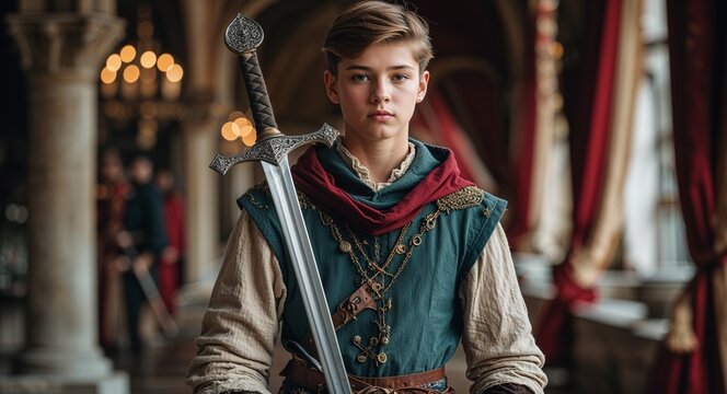Confident teen squire with sword medieval training photography model