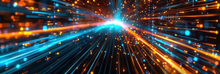 Fototapeta premium Abstract digital background with blue and orange light streaks, glowing lines of code and pixel blocks on a black backdrop circuit.