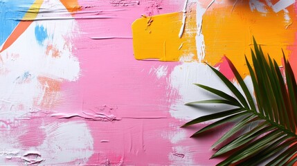 Abstract painting with a palm leaf. Textured surface of vibrant colors