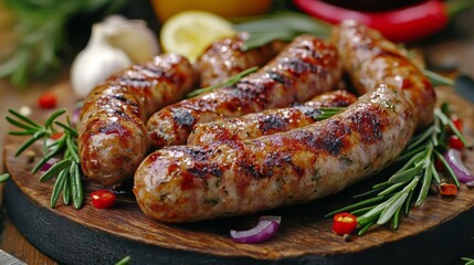 Fototapeta premium Grilled sausages are arranged on a wooden cutting board