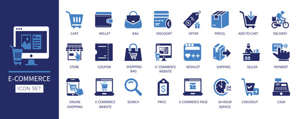 E-commerce icon set.Featuring modern flat vector icons.  Includes shopping cart, payment, delivery, discount, wallet, checkout, store,  shipping, and more. Ideal for websites, apps, and marketing.