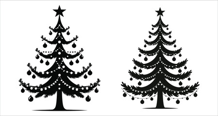 Obraz premium Christmas tree black silhouettes with Christmas ornaments and star vector. Christmas tree silhouettes with baubles and star. Decorated Christmas tree silhouette with hanging ornaments vector design