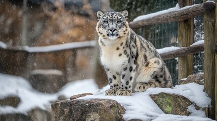 Fototapeta premium Snow Leopard in Snowy Zoo Enclosure