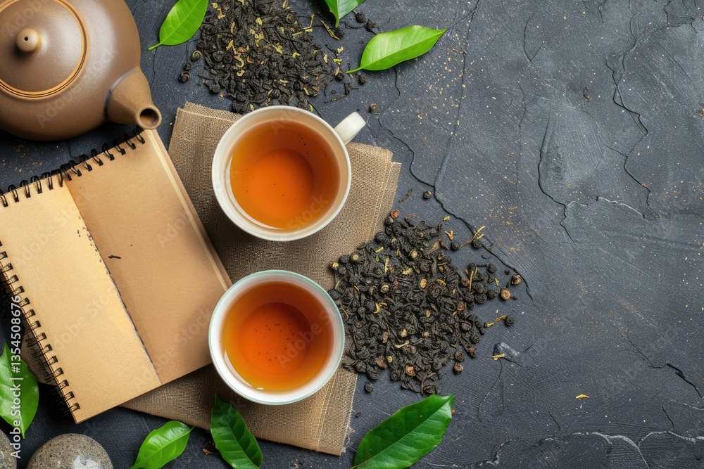 Poster sharp image of flat lay notepad template with tea concept