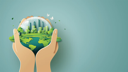 Hands Holding the Green World with Eco-Friendly City