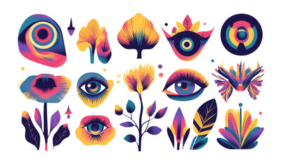 Psych grainy flat vector set, graphic colorful elements flat style, summer spring party, eyes, mushroom and nature, eye, surreal liquid stile