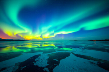 Frozen Lake Under a Breathtaking Aurora Borealis, with Rich and Vibrant Colors Reflecting on the Ice, Vibrant Wallpaper