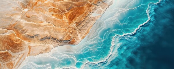 Coast beach aerial abstract looking top lake blue water sea turbulence ocean brown sand wave top down view diving reef white foam, air bubble earth.