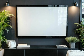 Modern large white widescreen TV set on the black dresser in a living room interior.