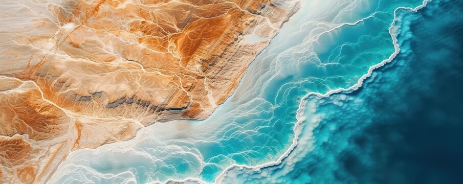 Coast beach aerial abstract looking top lake blue water sea turbulence ocean brown sand wave top down view diving reef white foam, air bubble earth.