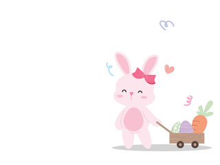 Happy bunny with easter egg and vegetable pastel flat art design. Cute rabbit decorate with festive vector concept of celebration, holiday and spring time for postcard clipart illustration style.