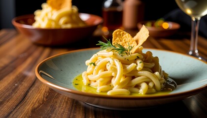 Elegant pasta dish with garnish on a rustic wooden table  