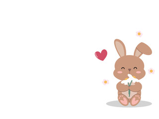 Happy easter bunny with white flower pastel flat art design. Cute rabbit decorate with festive vector concept of celebration, holiday and spring time for postcard clipart illustration style.