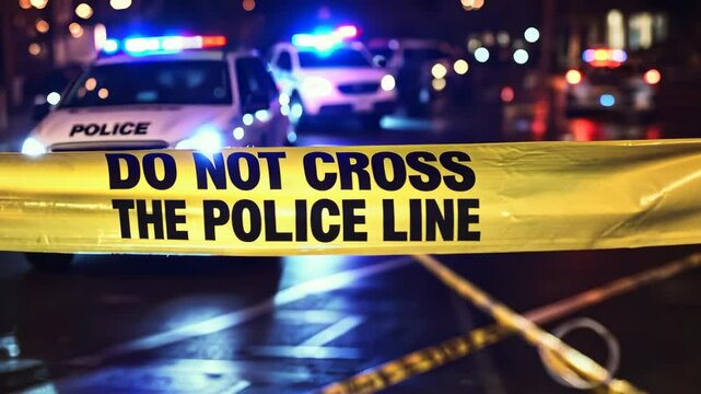 yellow police tape with the words "DO NOT CROSS THE POLICE LINE" stretched out against a background of police cars with flashing lights