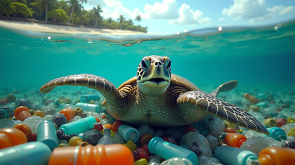 A distressed sea turtle struggling within a tangled mass of plastic waste in a turquoise ocean