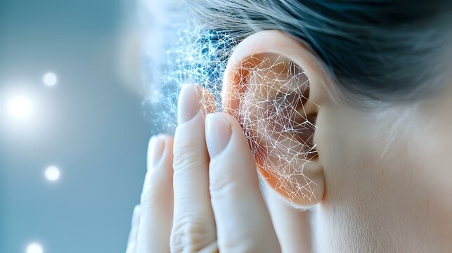 Conceptual visualization of tinnitus or hearing loss with glowing digital network pattern overlaying human ear, representing auditory sensory processing and sound waves.
