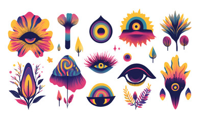 Psych grainy flat vector set, graphic colorful elements flat style, summer spring party, eyes, mushroom and nature, eye, surreal liquid stile