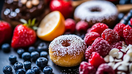 A close up of assorted donuts and berries including strawberries raspberries and blueberries arranged nicely