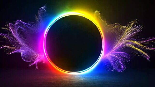 A circle with rainbow light around it, on a simple black background. v4